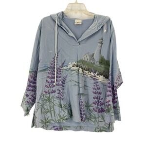 Artisans Sunschein Designs Hoodie Tunic Lighthouse Lupine‎ Print Blue Cotton M